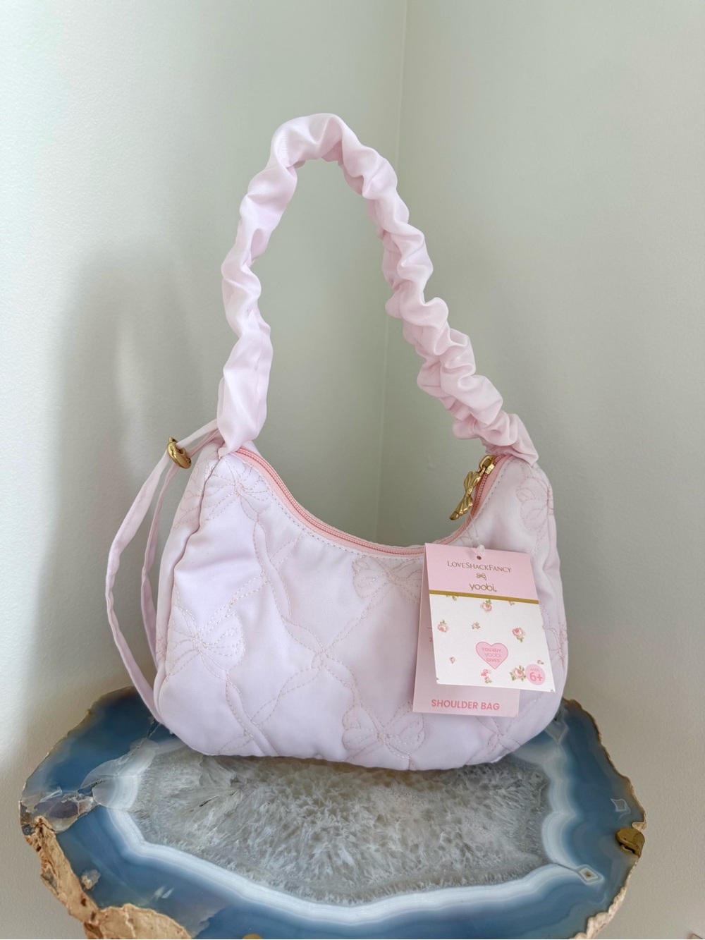 NWT LoveShackFancy x Yoobi Light Pink Quilted Ruched-Handle Shoulder Bag